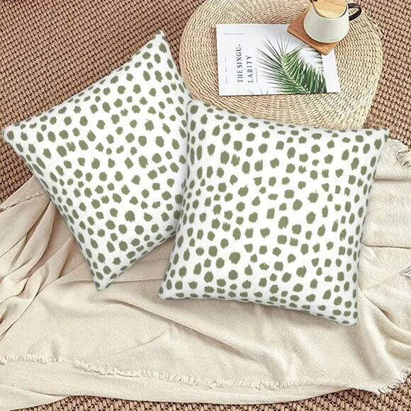 🪷 2pc Sage Green Cream Boho Polka Dot Plush Pillow Covers 18x18 Modern - Picture 1 of 5